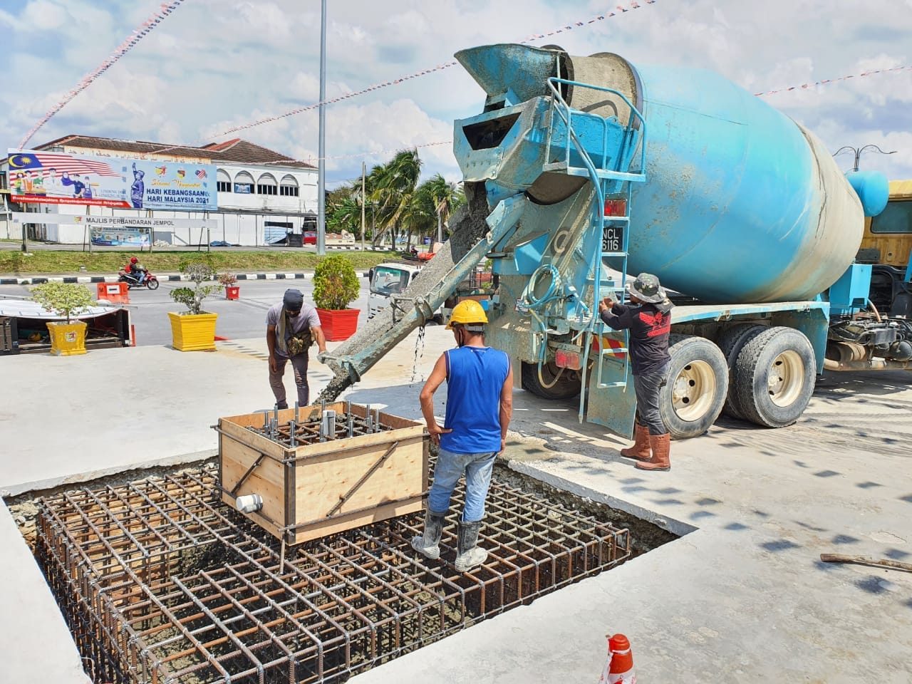 Reinforced concrete foundation works for an LED billboard